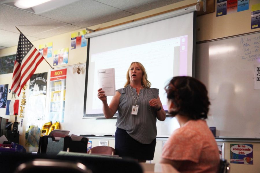 West and Creek French teacher Jennifer Polland introduces an assignment on April 27  to her 7th  class of 10 students. French enrollment at West has been steadily declining ever since students have returned from online learning.