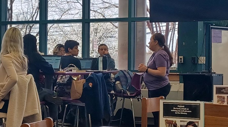 Head librarian Kristen Zemba explains to a group of students the different library resources they can use in their work on Mar. 10. 