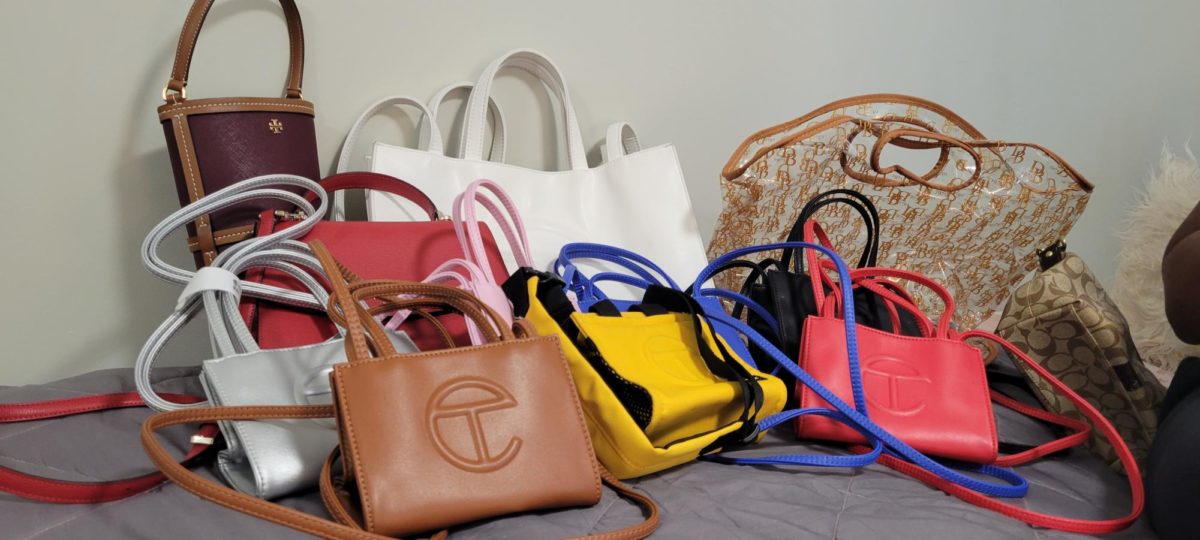 (From top left to right): MCM bag, large Telfar shopper, Clear Dooney & Bourke handbag. (from bottom left to right): red medium Telfar shopper, Telfar minis in various colors. 