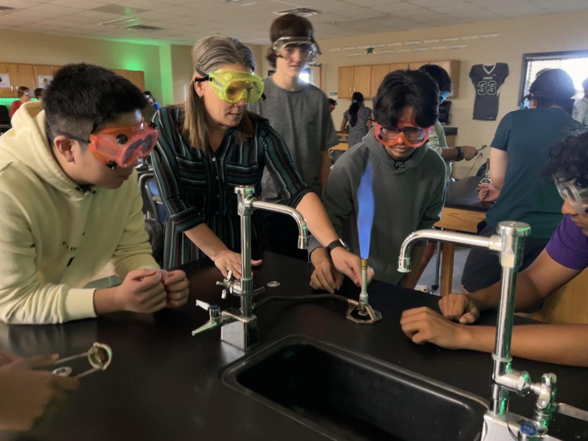 Standing at a lab table, chemistry teacher Beverly Hassell helps sophomores Bosch Qiu, Yousuf Ali and Kushal Kathuria conduct an experiment. “I want to treat the kids in my classroom just like I would want a teacher to treat my own kids, Hassell said. They are like my family.