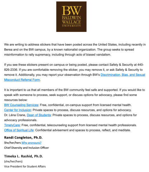 Email sent to the Baldwin Wallace student body in response to the stickers being present on campus