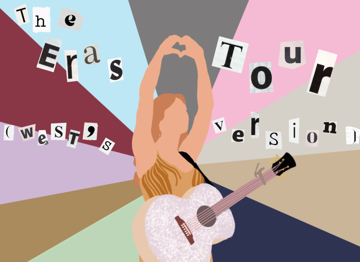 A+silhouette+of+Taylor+Swift+forms+a+heart+with+her+hands+in+front+of+The+Eras+Tour+colors.