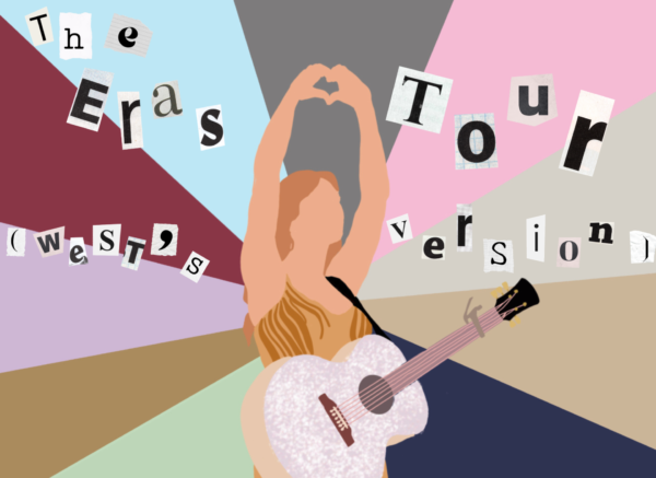 A silhouette of Taylor Swift forms a heart with her hands in front of The Eras Tour colors.