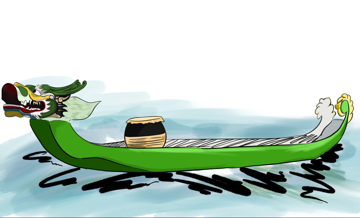An+illustration+depicting+a+traditional+dragon+boat+on+the+water.+