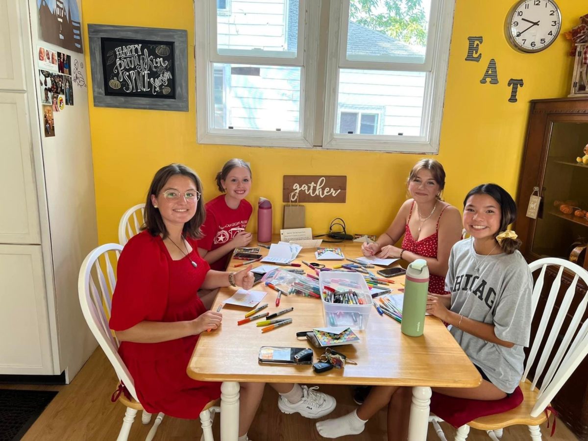 For September's service project, Sub Debs write letters to give to residents at a local nursing home. When writing, small groups, also known as color groups, got together as a bonding activity. 