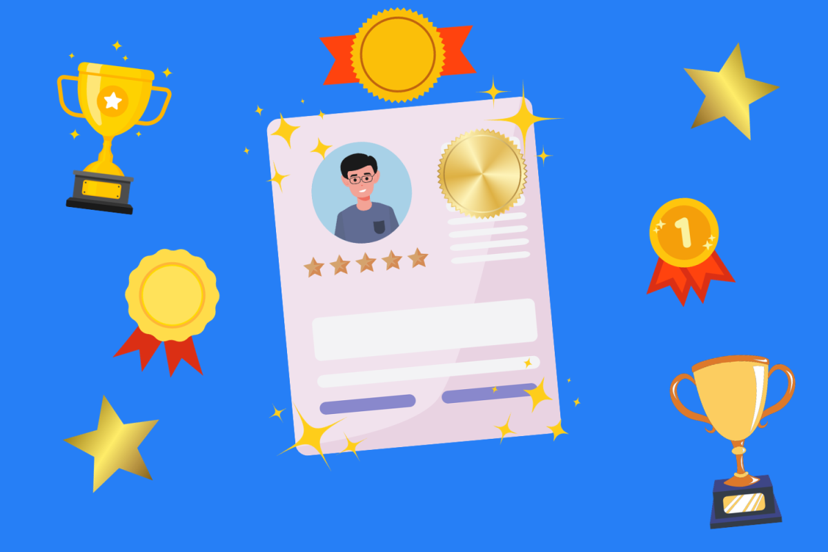 Graphic of a stellar resume and various awards. (Hustler Multimedia/Sophia El-Shammaa).