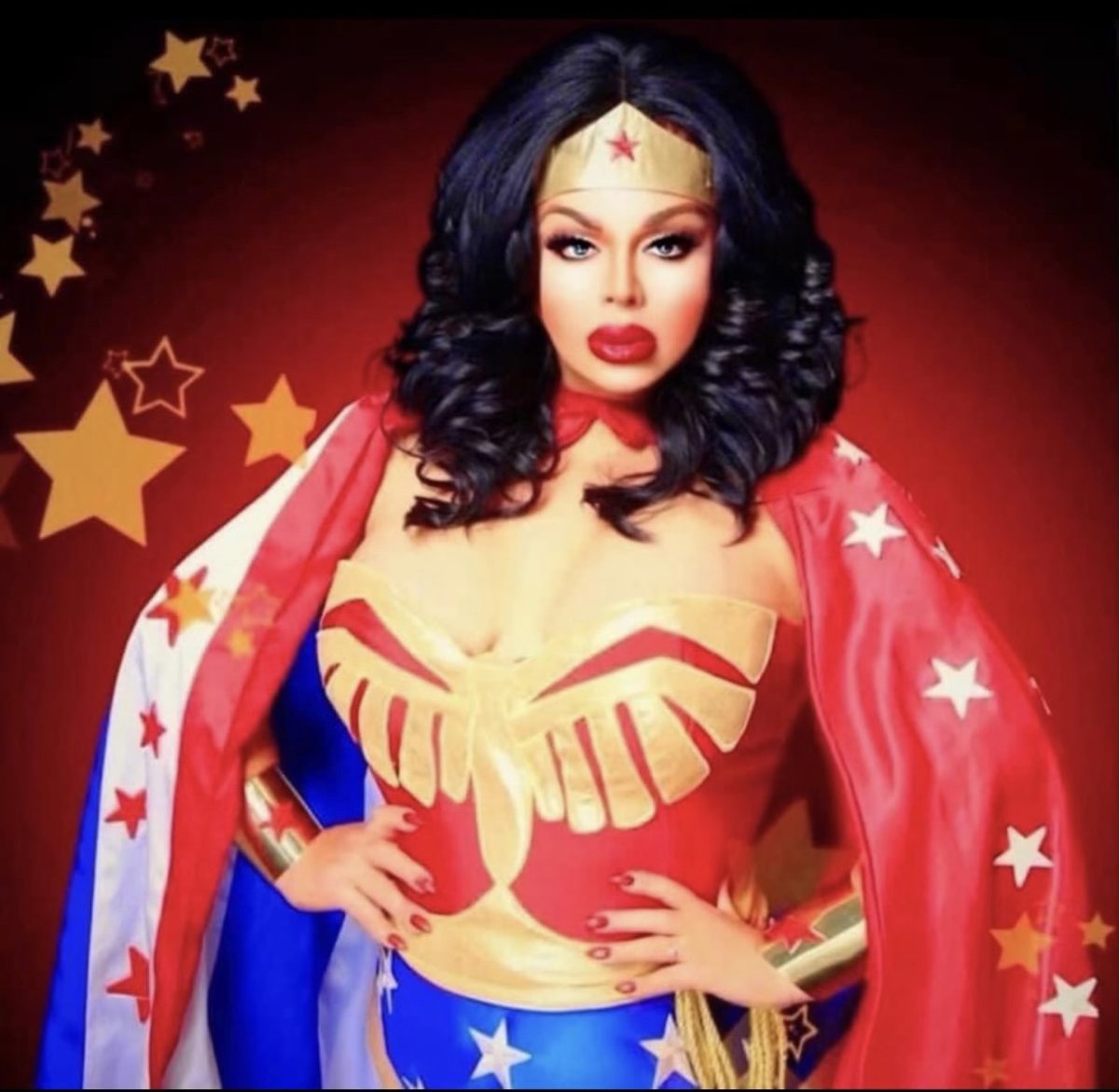 Wearing her custom Wonder Woman drag costume, drag queen Kelly Kline poses confidently. Kline occasionally wears her Wonder Woman costume to protest for LGBTQA+ rights.