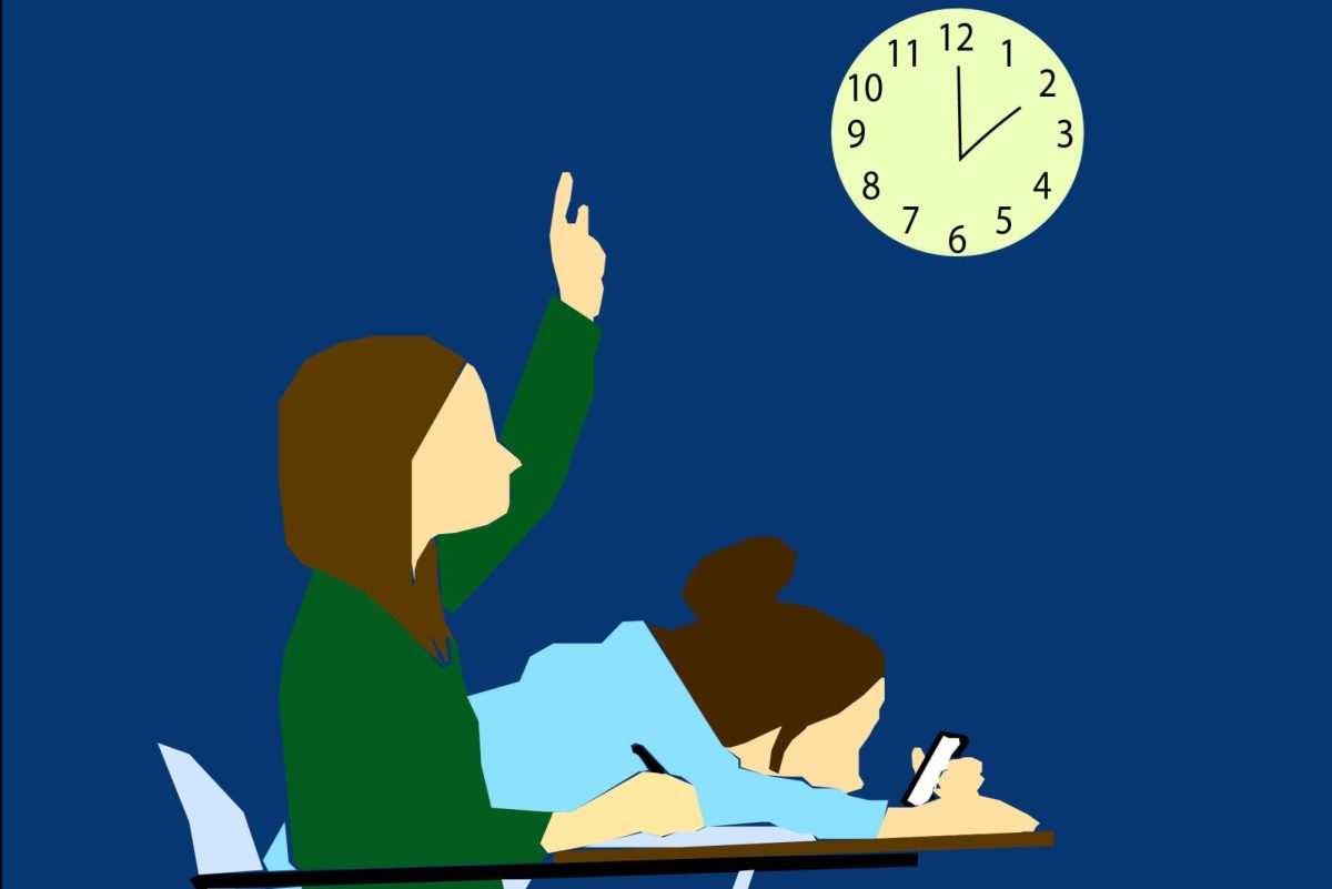 A+graphic+illustration+depicts+two+students+at+school%3B+one+is+actively+engaging+in+class+after+a+getting+full+night+of+sleep%2C+and+the+other+is+slumped+over+while+scrolling+on+their+phone%2C+exhausted+and+sleep+deprived.+Sleeping+for+at+least+eight+hours+every+24+hours+is+essential+for+students%2C+however%2C%C2%A0many+of+them+are+sleep+deprived+due+to+poor+sleep+hygiene%2C+stress+or+trouble+falling+asleep.+%28Graphic+Illustration+by+Emily+Paschall%29+