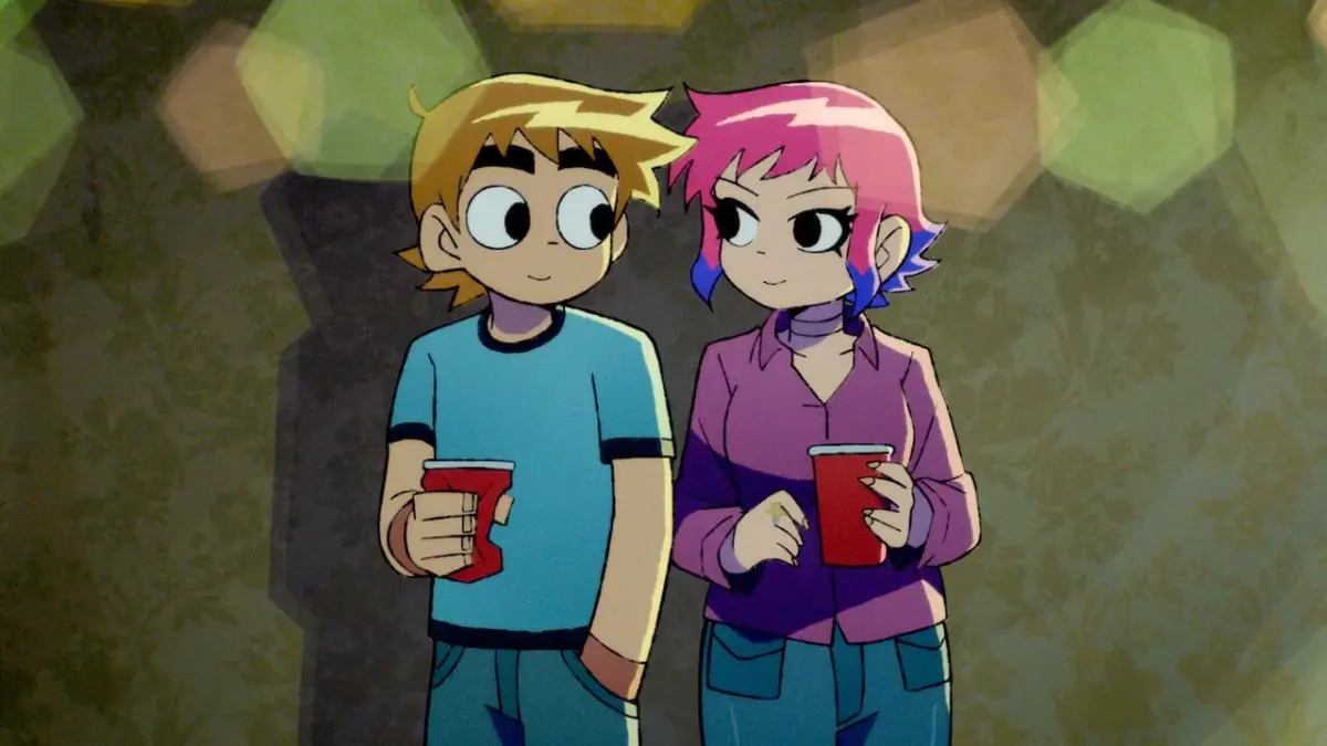 Scott Pilgrim and Ramona Flowers, two characters from “Scott Pilgrim Takes Off,” engage in a conversation while at a party.