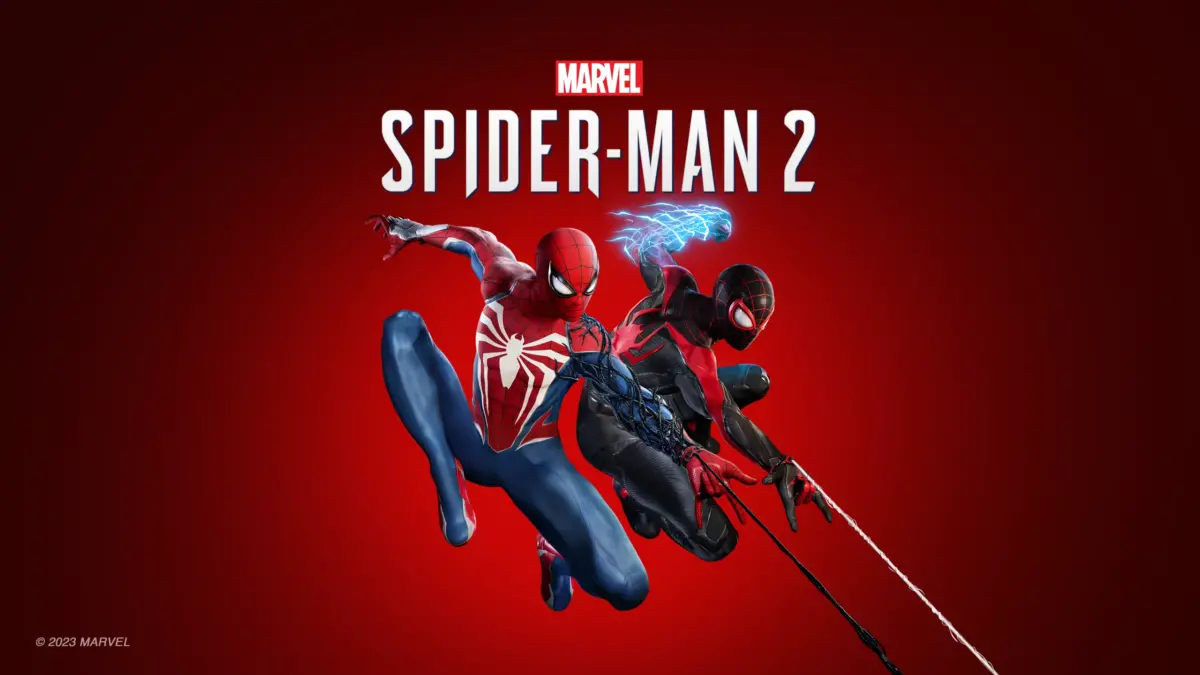Peter+Parker+and+Miles+Morales+swing+into+battle+in+the+cover+art+for+the+Spider-Man+2+game.