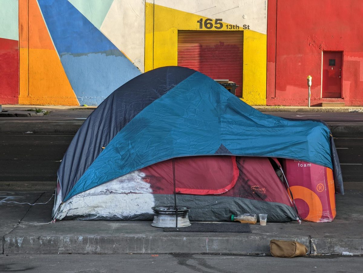 A tent is seen under the Central Freeway near Folsom and 13th St. on May 16, 2022, in San Francisco. (Neal Wong/Golden Gate Xpress)