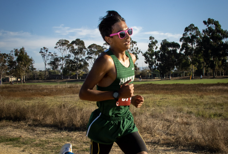 Veyd+Patil+pushes+during+a+cross-country+race.+He+often+dons+unorthodox+gear%2C+like+his+pink+sunglasses.+