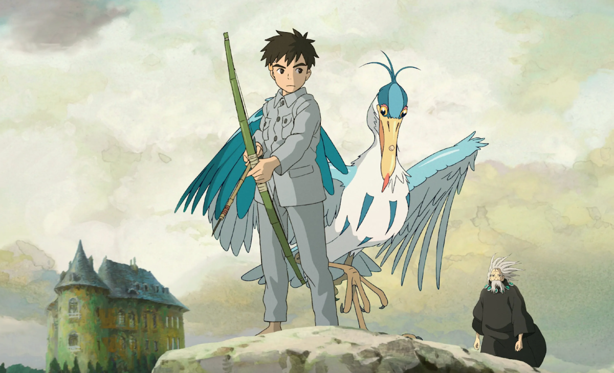 Mahito’s inexplicable feud with the mysterious Grey Heron is the first sign that reality may not be as it seems in “The Boy and the Heron.” Illustration | Studio Ghibli