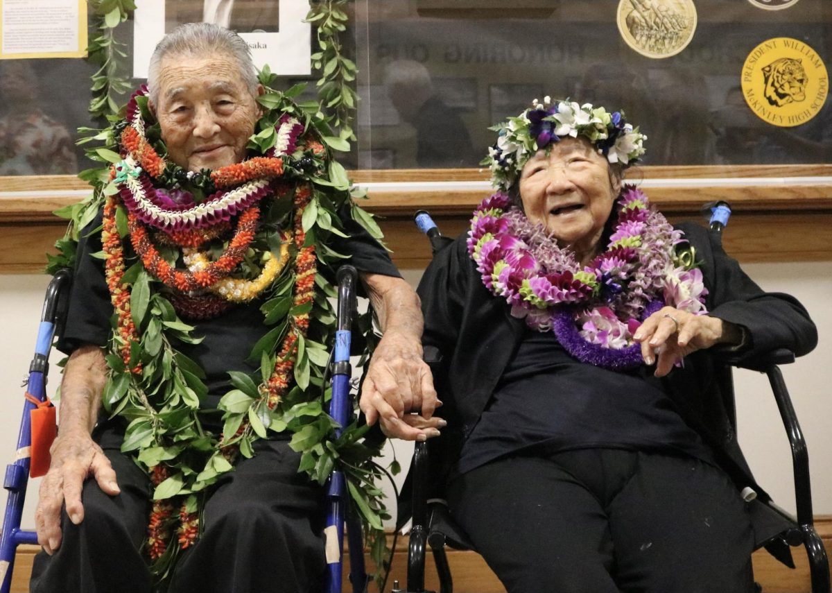 Norman Yukio Hashisaka with his wife of 71 years, Mabel Hashisaka, is inducted into McKinley’s Hall of Honor. Photo by Shane Kaneshiro.