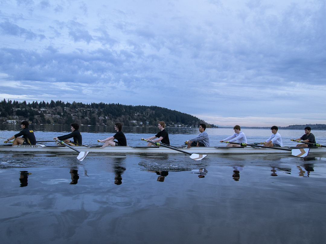 Ryder Cieri, Charlie Haug, Liam McDonough, Rylan Cranmore, Victor Agbayani, Hunter Wood, Alexander Foley and Jason Zhang row at practice on Lake Washington. The conditions were cold, but the limited wind allowed practice to continue. “We can’t just give up on getting better now. That’s not who we are,” Cranmore said.