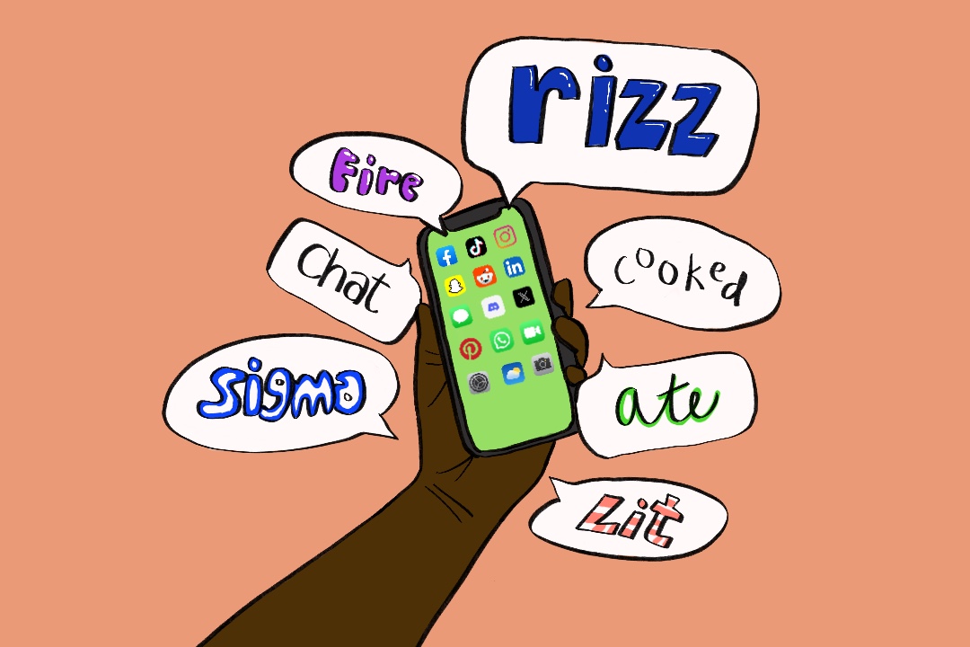A graphic illustration depicts a hand holding a phone with different popular slang terms surrounding it. Many so-called Generation Z stem from African American Vernacular English and are popularized through social media platforms.