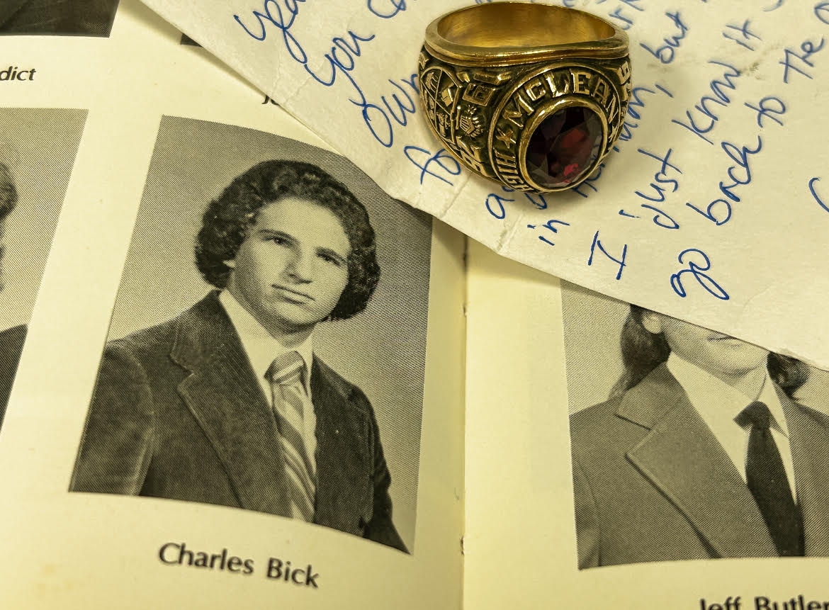 Through yearbook and internet research, Principal Ellen Reilly and McLean alum Rusty Payne returned a mailed McLean Class of 1976 ring to the family of its old owner. Charles Bick, who dropped the ring in a park decades ago, died in a plane accident in 1984. (Photo courtesy of the McLean Yearbook)