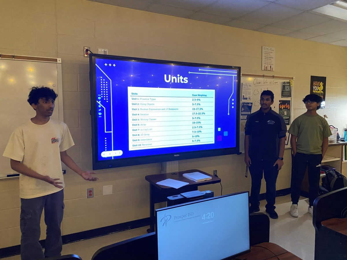 In front of the smart board, seniors Akhil Kotturi, Puranjay Prashanth and Vivaan Moharir present the different units of the AP Computer Science A course. Kotturi and Prashanth's nonprofit coding organization Project UCode held review sessions for students taking the AP Computer Science A exam at Walnut Grove and Prosper high schools on Apr. 24 and May 1, respectively. "We walked through some of the basic test taking tips and the overall unit structure of how the CSA test works," Prashanth said. "We also kind of advised people how to proceed on that CSA aspect. Writing things down and keeping track of everything is really important in succeeding in CSA, especially with the amount of information they give you. So we kind of give them test taking tips, walk them through an FAQ, and gave them an opportunity as questions when they could just easily ask one of the three members out there any questions they had about the test."