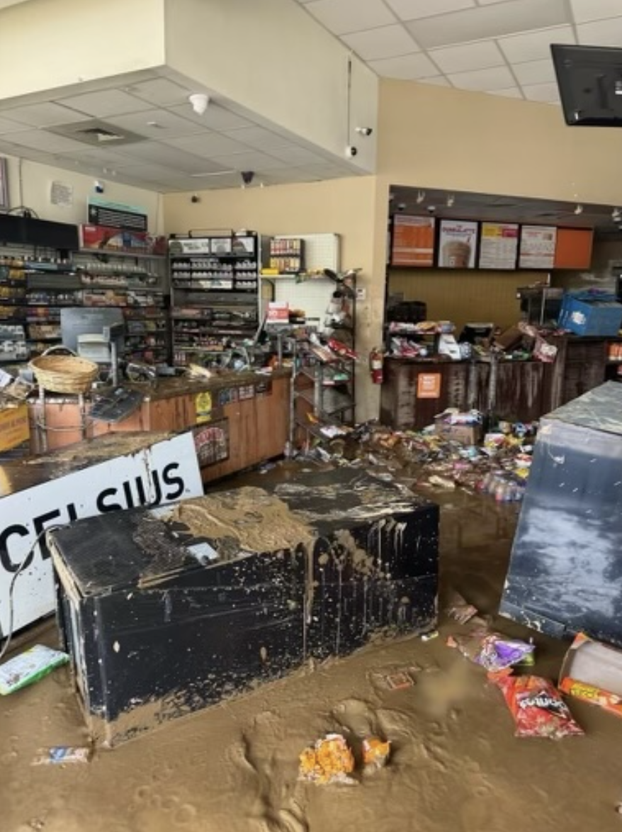 The inside of sophomore Zaina Singh’s parents’ gas station in Biltmore Village following Hurricane Helene. (Courtesy of Zaina Singh)