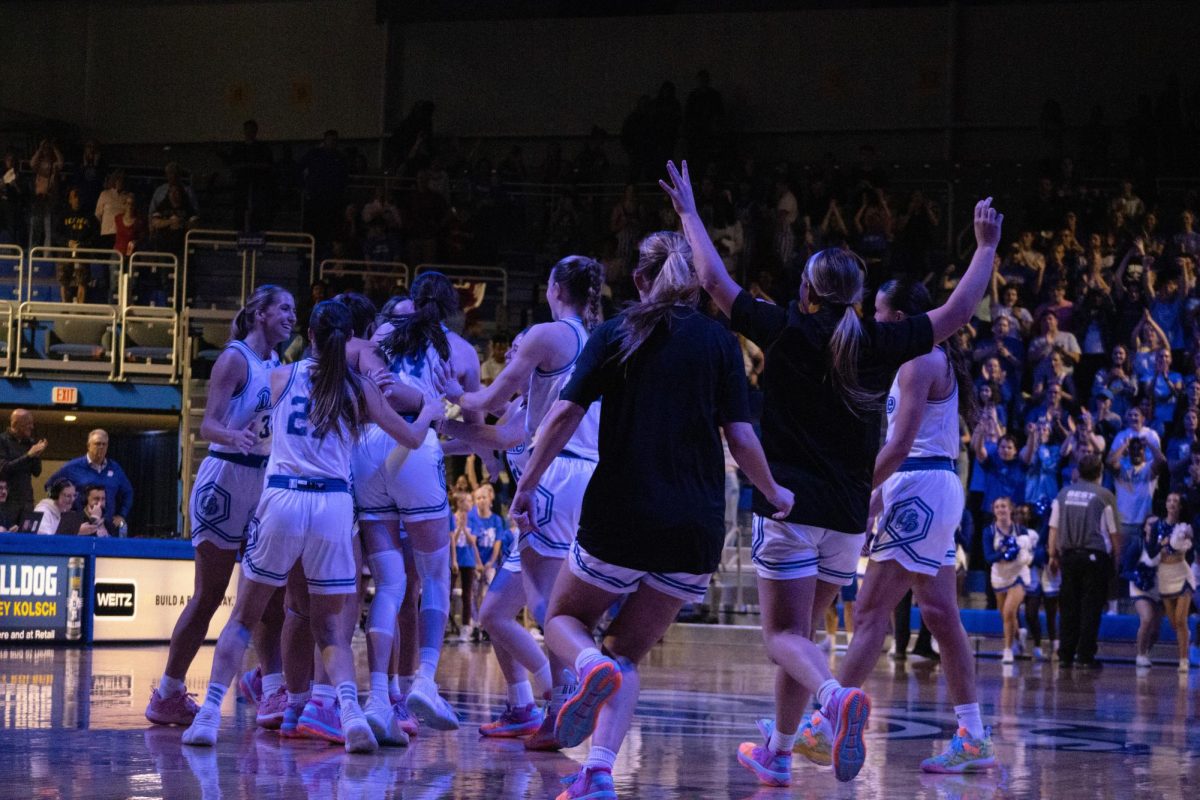 Drake women's basketball celebrates their win against Iowa State University in 2023. The team made it to the first round of the NCAA tournament