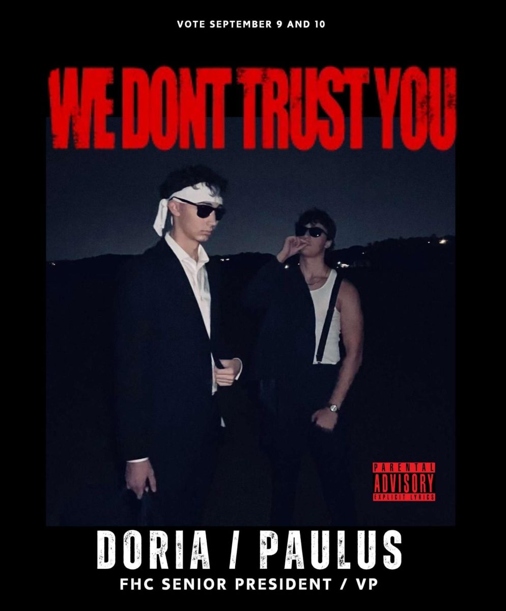 Seniors Luke Paulus and Adam Doria pose on their campaign poster for senior class president and vice president.  The poster was a recreation of the We Don’t Trust You album cover by Future & Metro Boomin.