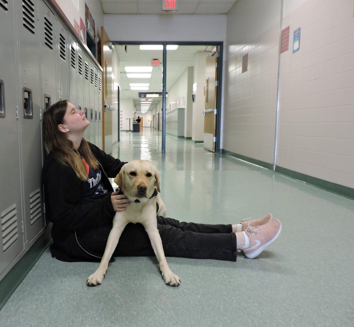 Guide dog Beasley gives senior Delaney Brooks deep pressure therapy for her migraine on Nov. 6. Photo by Lizzie Sun