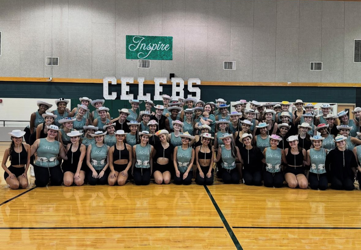 Posing for a picture together, the Celebrities welcomed the Blue Belles to CPHS to learn the “Sister Kick” dance for the Nov. 1 halftime. This will be the first time the “Sister Kick” will be performed since the fall of 2015.. 
 “It’s going to be really visual and cool because we start off with every other person and then we split into the two teams and then we make one long kick-line with everyone,” Assistant Director Katie Thompson said. “It’s been awhile since they’ve done it and I’m just so excited to see it back again.” Photo courtesy of CPHS Celebrities