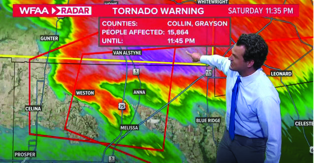 Meterologist Kyle Roberts covers a tornado warning on live television. Having covered so much severe weather, going wall to wall is a well-oiled machine for him.