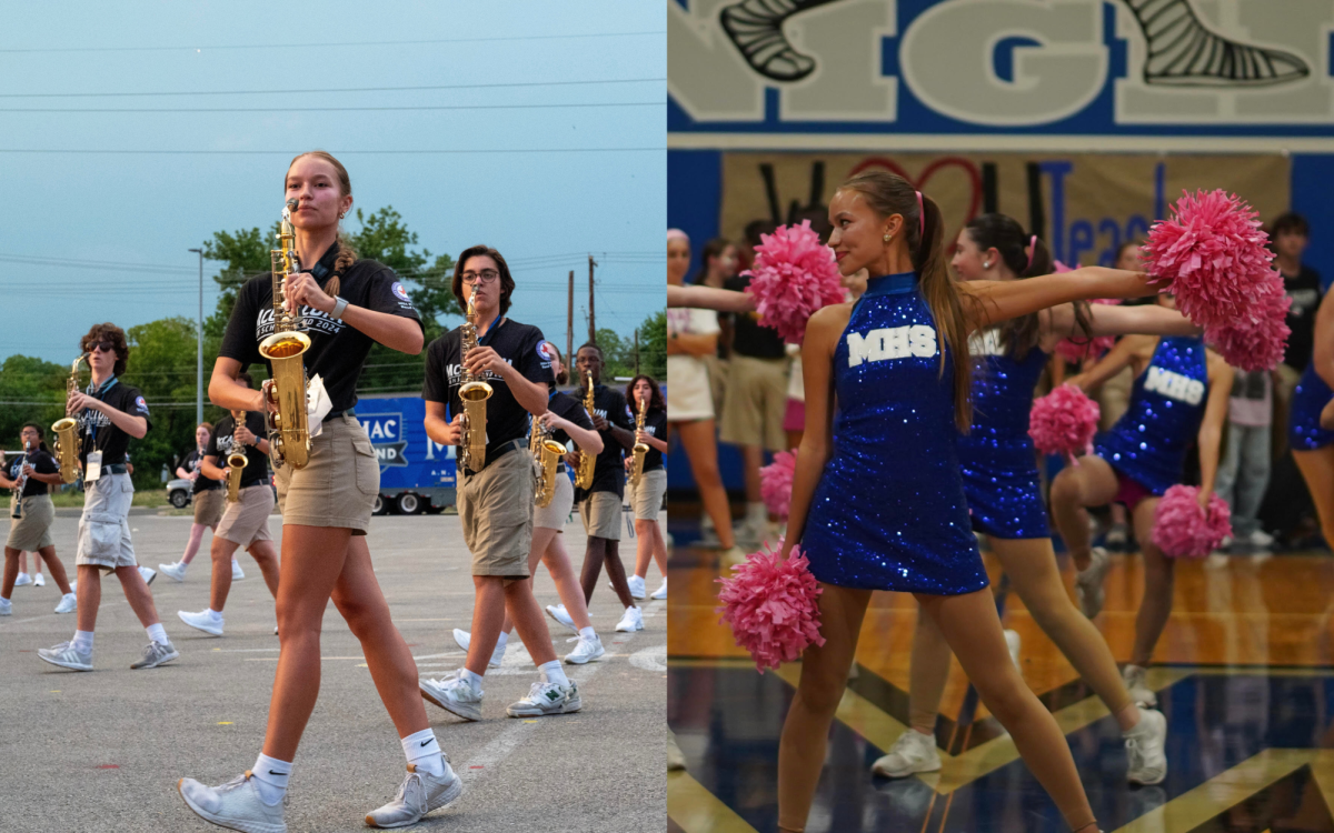 Junior Lili Escamilla performs at Bandapalooza on Aug. 25 (left) and with the Blue Brigade during the Pink Week pep rally on Oct. 10 (right).