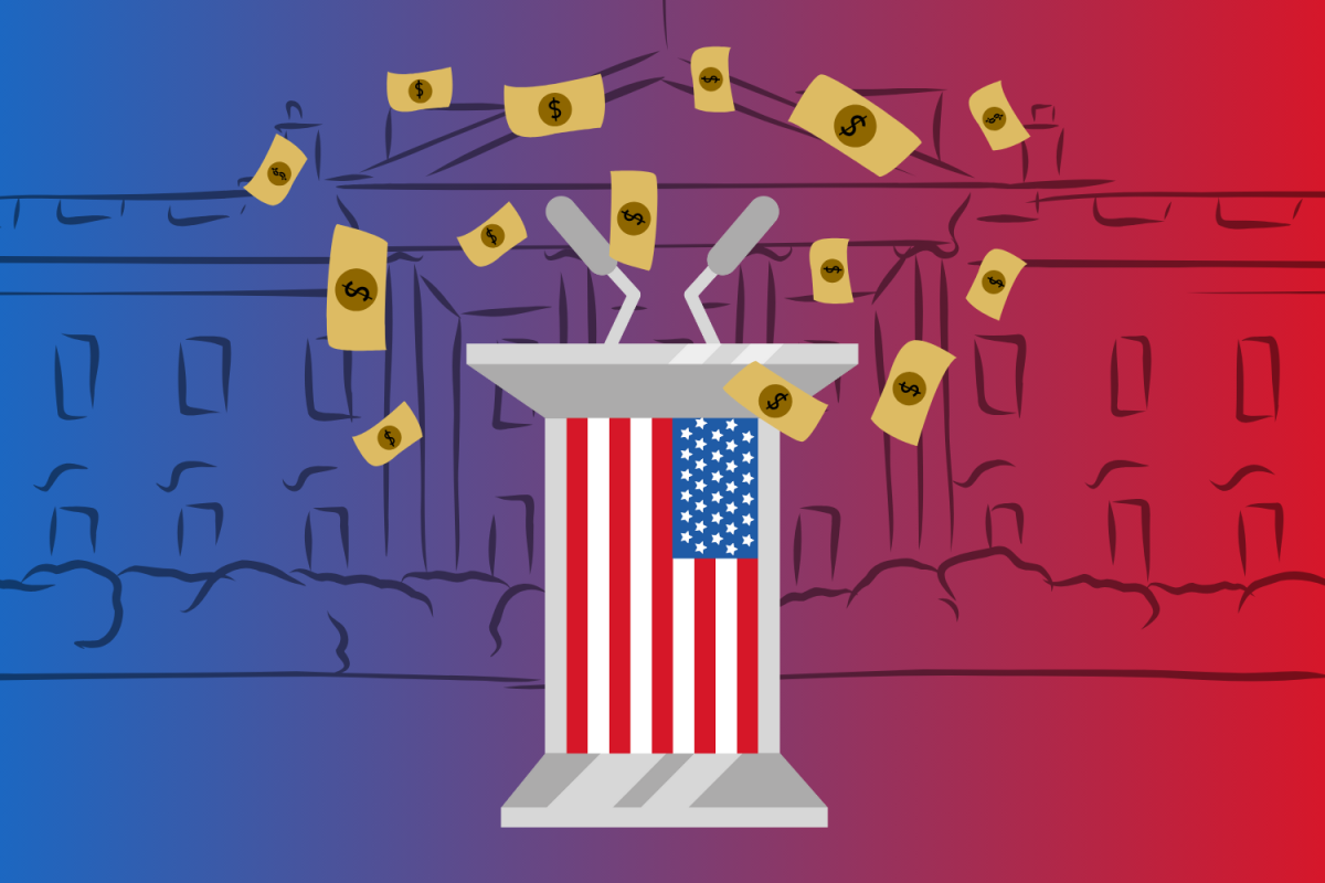 A graphic depicting money coming out of a podium in front of the White House, representing political donations. (Hustler Multimedia/Lexie Perez)