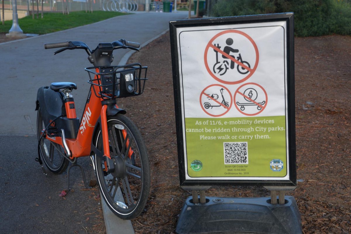 The city has placed signs in city parks to remind people of the new bike ordinance limiting the use of e-mobility devices. 