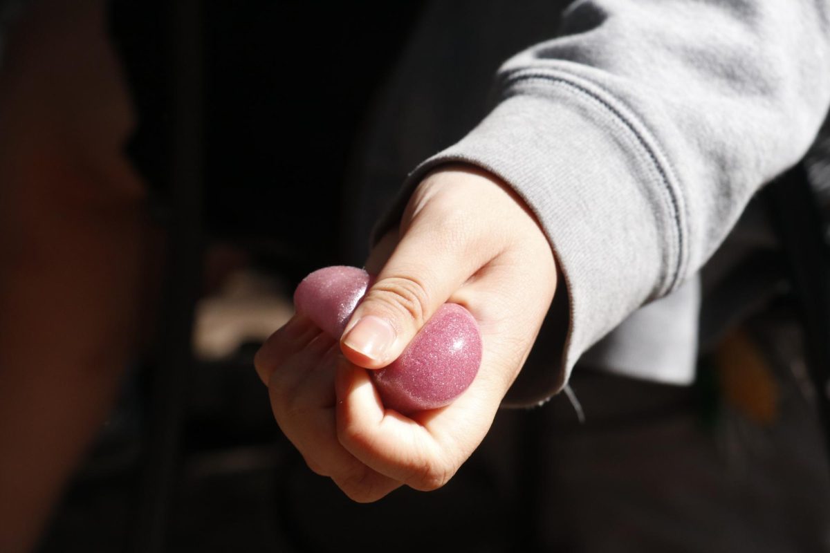 Junior Lauren Ho grasps a stress ball in her hand. With the recent popularization of fidget toys, such as the Nee-Doh cube, stress toys have begun making a comeback among students at Archer. 