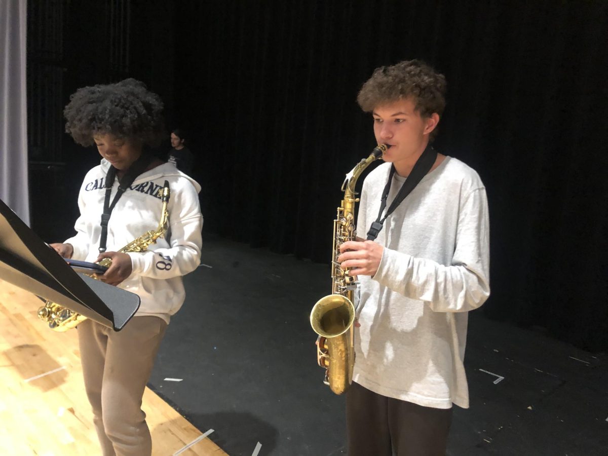 Anthony Nigro stands on the RHS stage and plays his saxophone.