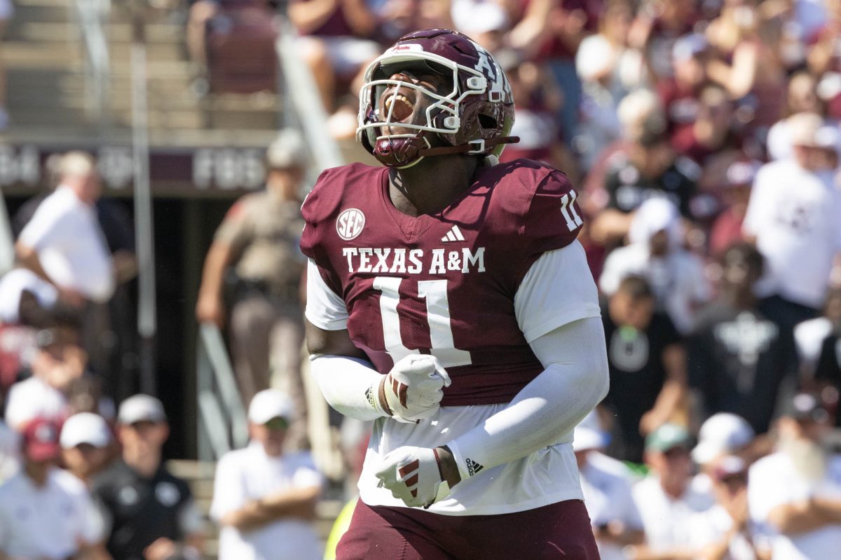 Texas A&amp;M Aggies defensive lineman Nic Scourton (11) celebrates making a tackle in the backfield during Texas A&amp;M’s game against Missouri at Kyle Field Saturday, Oct. 5, 2024. (Kelii Horvath/The Battalion)