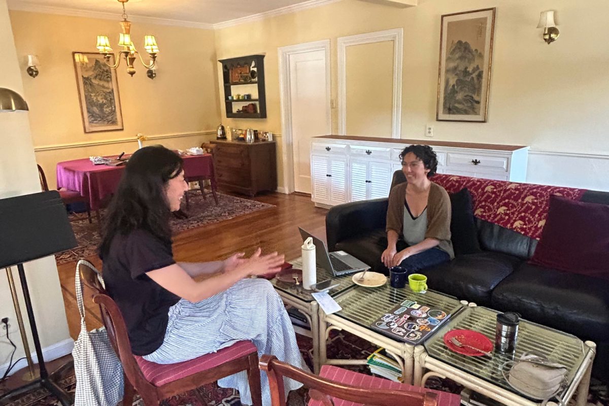 Mother and writer Claire Seda and another mom discuss their writing during one of Seda's monthly writing club meetings. Seda's writing club is aimed towards mothers who wish to recover passions that have been pushed aside due to other maternal duties and working life. "With writing, whether you’re writing about a fantasy world, or writing your personal memoir, writing can be relaxing," Seda said.