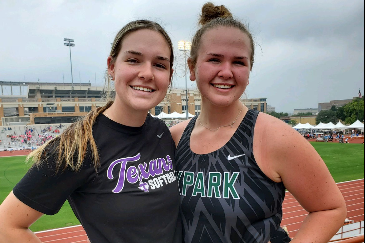 Kendall Daniel cheers her younger sister Courtney on in the shot put at the 2023 UIL State Track & Field Championships. Photo courtesy of Courtney Daniel.