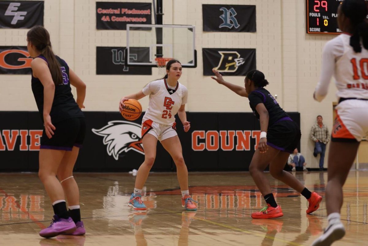 Avarie Martin dribbles around the court, trying to spot the lane for the layup. 