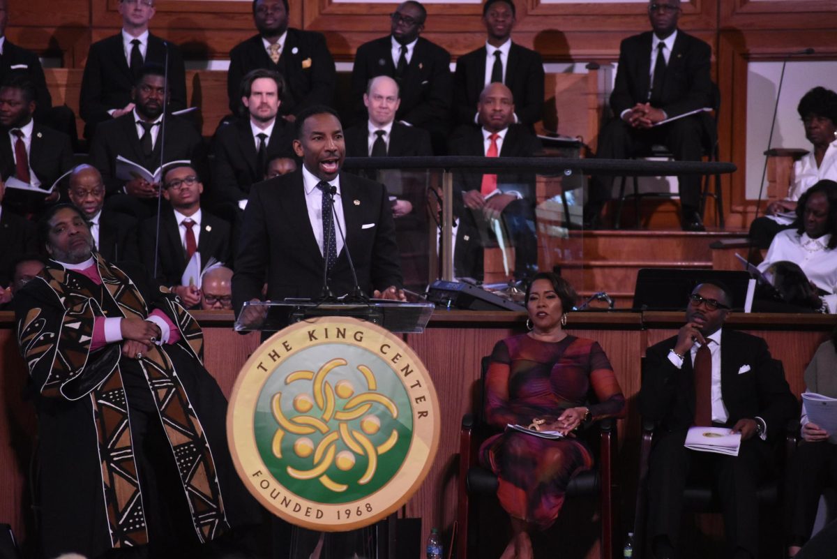 ADDRESSING DEATH: The service started out with a moment of silence for a homeless man who was killed in camp near the church. Mayor Andre Dickens addressed this in his speech. 