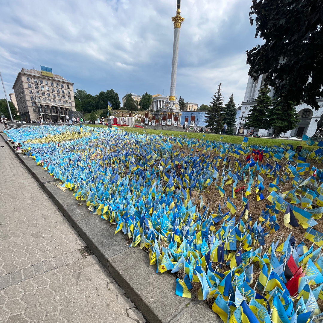 A memorial in downtown Kyiv, Ukraine honoring the Ukrainian soldiers who have died during the war. When a soldier dies, relatives and friends add a flag to the memorial. Over 40,000 Ukrainian soldiers have died since the war began in February 2022. Photo courtesy of Anastasiia Musiiaka's.