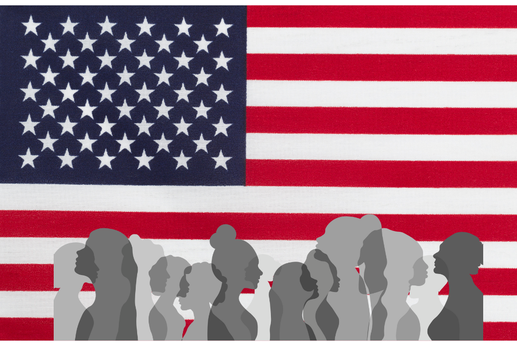 A group of black and gray silhouettes stand in front of an American flag. Many Archer students responded to the newest immigration policies proposed by President Trump with sadness and shock. (Graphic illustration by Maya Hernández)