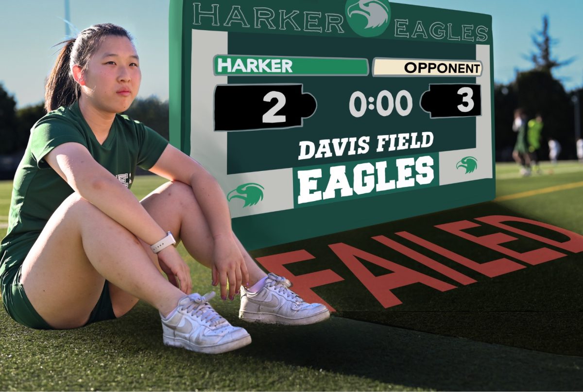 Varsity girls soccer player Audrey Yang (11) looks out into the bleachers while sitting on Davis Field. After close losses, athletes often feel the sting of their supposed failure, but reset routines help mitigate pressure.(Illustration by Elizabeth Zhang, Photo by Tiffany Zhu)