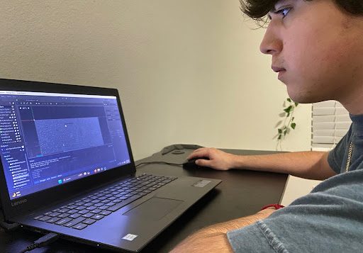 Senior Jorge Jordan uses the Godot game editor and C%23 script to program his game, Galaga-Clone. Photo by Jorge Jordan