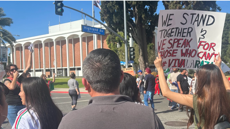 Dare To Struggle protestors marched through Fullerton and stood outside the Fullerton Police Department while holding signs and chanting on Feb. 9. (Photo by Alicia Bennett)