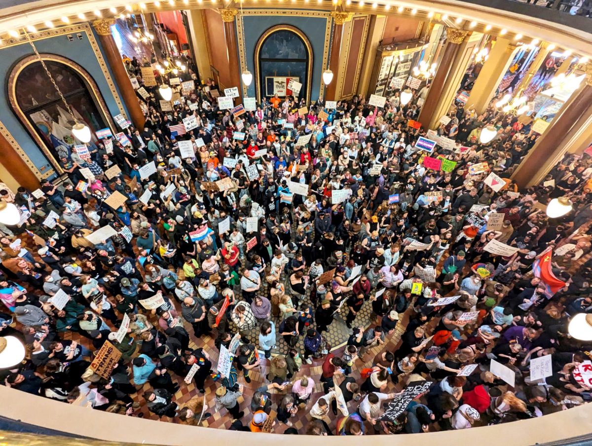 Last Thursday afternoon, Iowa residents gathered at the Capitol to protest a bill removing discrimination protections for transgender Iowans. Photo courtesy of Chris Morse.