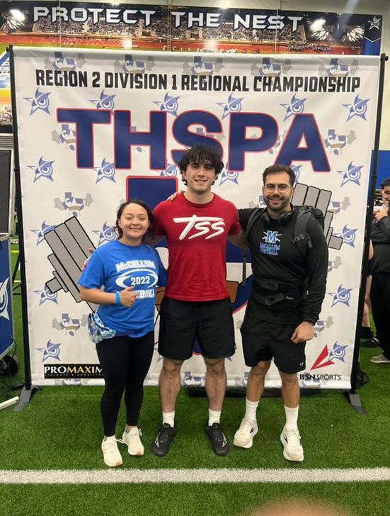 Kleiman (center) was joined at the regional meet in Jasper by Victoria Aragon (left), a friend of his personal coach Joshua Trammell and his school coach, Anthony Osorio (right). Photo courtesty of Kleiman.