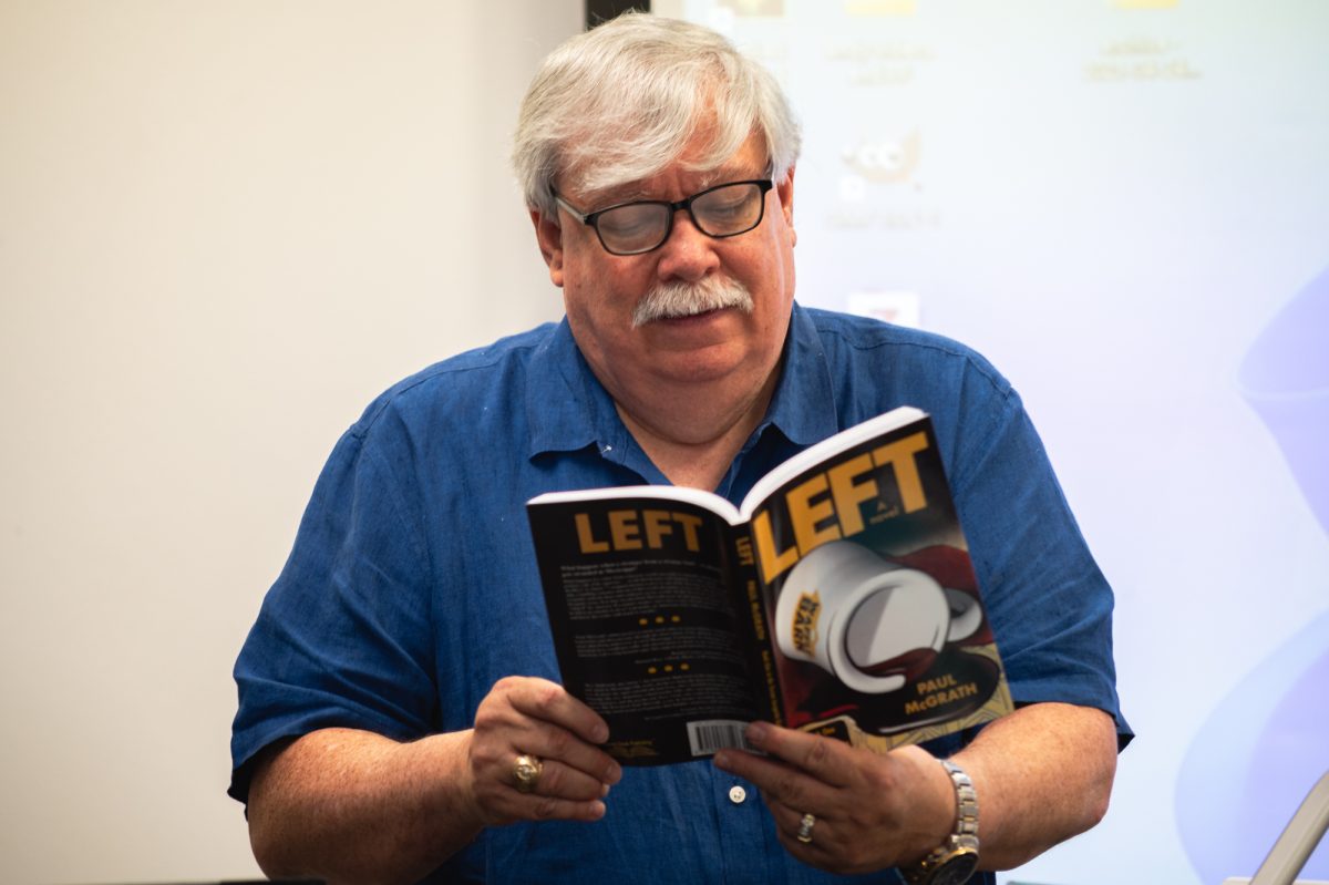 Texas A&amp;M adjunct professor and author, Paul McGrath reads from his newly published book, 'Left', in the Agricultural Life Sciences Building (ALGS) on Thursday, April 24, 2025. (Steve Carrasco IV/ The Battalion)