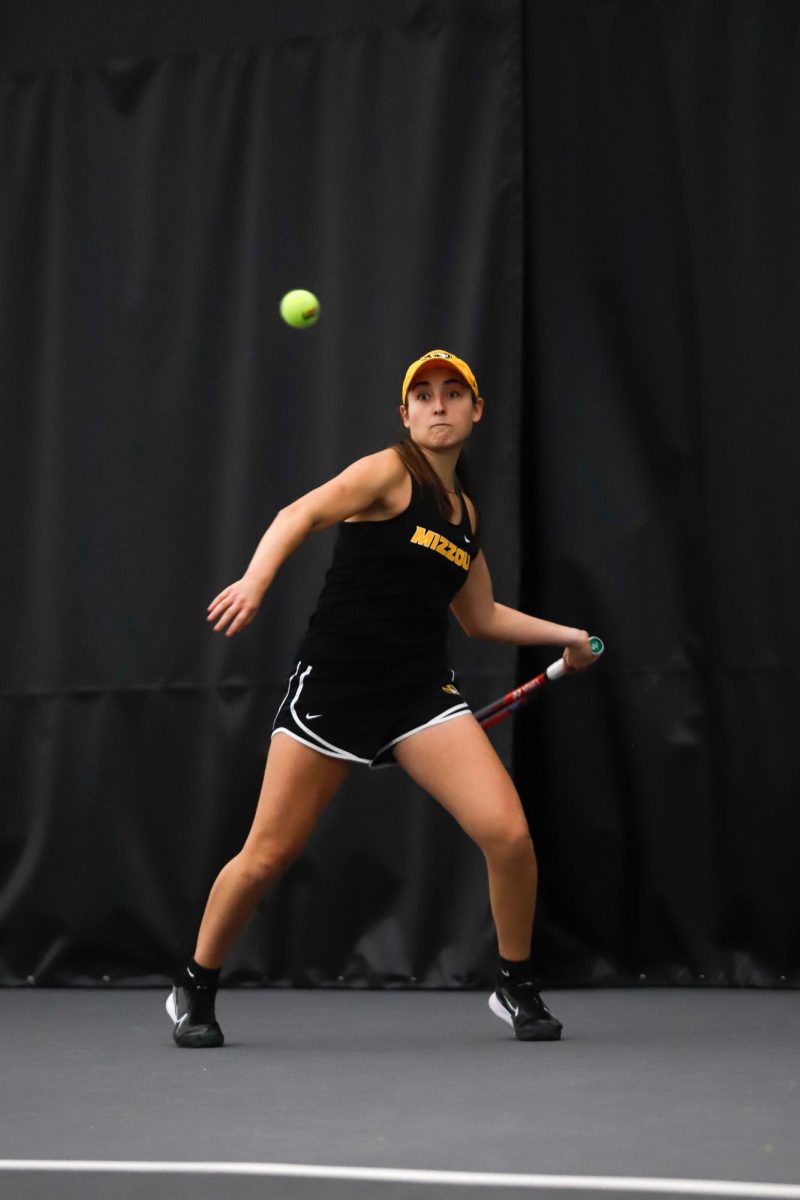 Missouri freshman Zoe Lazar keeps her eyes on the ball during her singles match against SEMO sophomore Juliette Demunck on Saturday, Feb. 15, 2025, at the Green Tennis Center in Columbia, Mo. Missouri’s team record is now 7-1. 