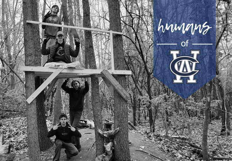 Senior Peter Ashline poses with friends Asher McNeil and George Kotke - and reporter Eli Sampson - after a long day working on the treehouse. (Photo courtesy of Peter Ashline)