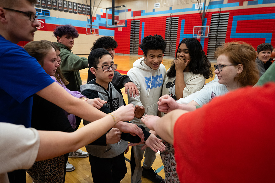 The Unified basketball team practices during WIN time. They start and end every practice with a breakdown.