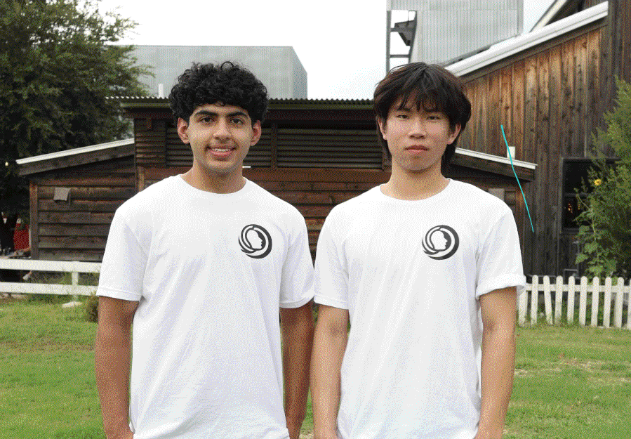 Coppell High School seniors Satyam Sood and Gabriel Wang stand in front of the Coppell Chamber of Commerce. ReachEquilibria is a youth-led mental health nonprofit dedicated to spreading mental health awareness and services. Photo illustration by Dayami Granados and Hiral Patel.